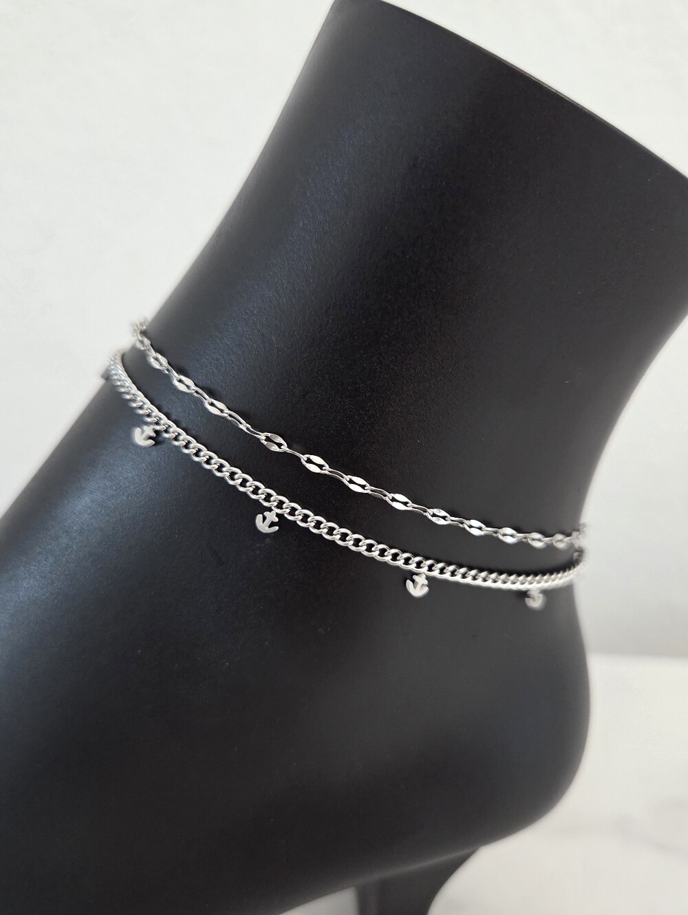 Nautical Silver Double Layer Anchor Dangle Charm Anklet